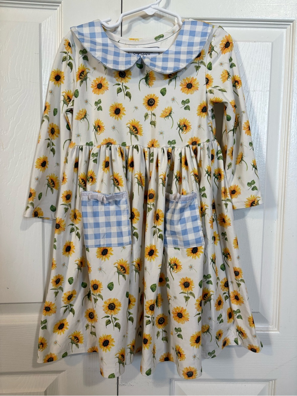 Girls' Cream Sunflower Print Dress with Blue Gingham Collar